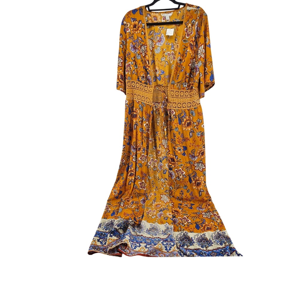 Boho Mustard Yellow Floral Crochet Lace Tie Front Maxi Duster L Summer Vacation